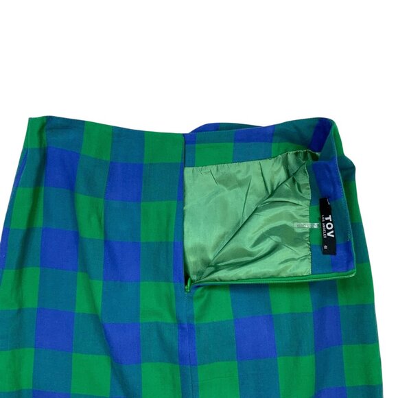 TOV Ruffle Plaid Skirts 40 US/M Blue Green Pencil Straight Midi Heritage Fall - Picture 4 of 14